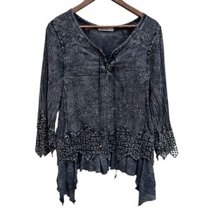 Origami by Vivian Boho Black Asymmetrical Lace-Up Front Blouse